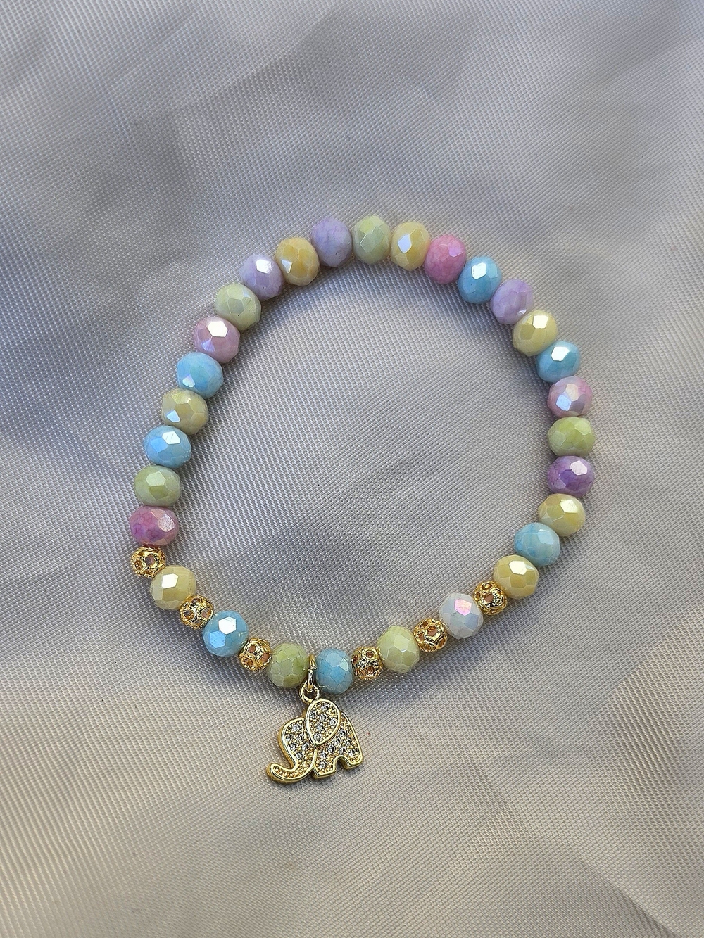 Pastel Beaded Elephant Charm Bracelet - Gold Accent